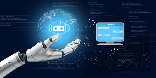 Chatbot, keskustelu tekoälyn kanssa, tekoäly. Robotti käyttää teknologiaa, älykästä robotti-tekoälyä