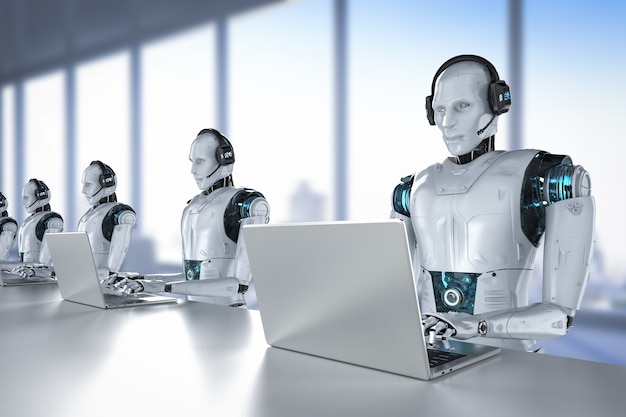 Chatbot-konsepti, jossa on 3D-renderöity humanoidirobotti, jolla on kuulokemikrofoni ja joka työskentelee kannettavalla tietokoneella
