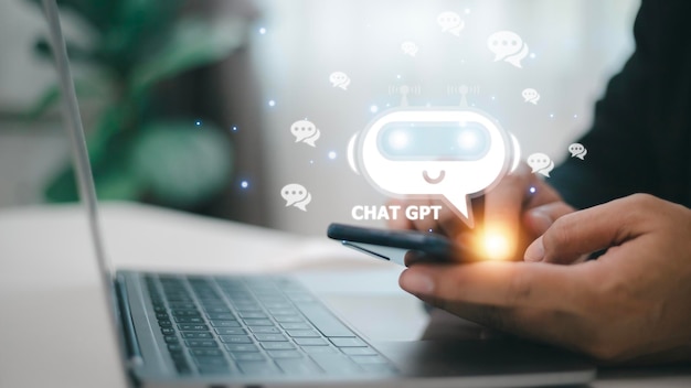 ChatGPT Chat with AI or Artificial Intelligence man chatting with a smart AI or artificial intelligence using an artificial intelligence chatbot developed by OpenAI