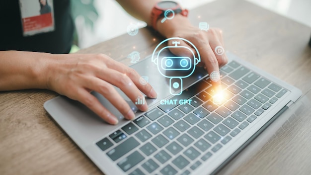ChatGPT Chat with AI or Artificial Intelligence woman chatting with a smart AI or artificial intelligence using an artificial intelligence chatbot developed by OpenAI