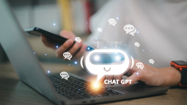 ChatGPT Chat with AI or Artificial Intelligence woman chatting with a smart AI or artificial intelligence using an artificial intelligence chatbot developed by OpenAI