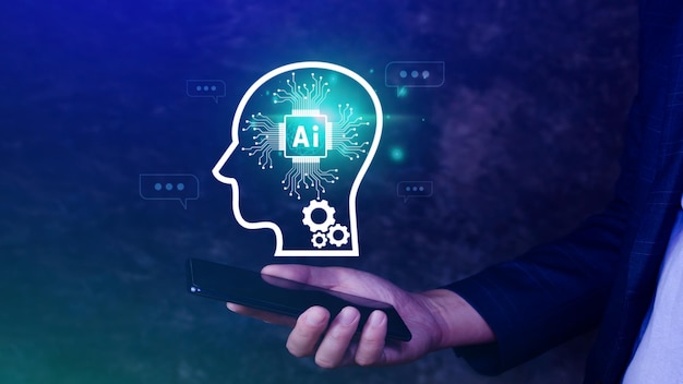 ChatGPT: Chattaa tekoälyn tai artificial intelligencen kanssa käyttämällä kosketus-tekoälyikonia virtuaalinäytöllä robotin sovelluksessa. Digitaalinen chatbot OpenAI luo futuristisen teknologiakonseptin