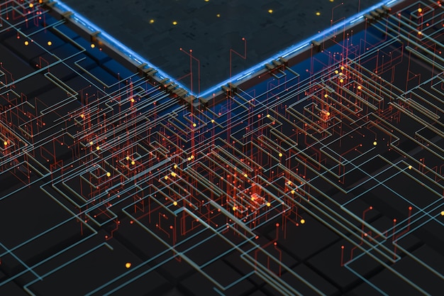 Circuit with glowing lines with dark background 3d rendering Computer digtial drawing