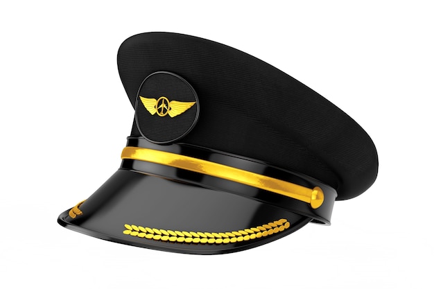 Civil Aviation and Air Transport Airline Pilots Hat or Cap with Gold Aviation Insignia on a white background. 3d Rendering