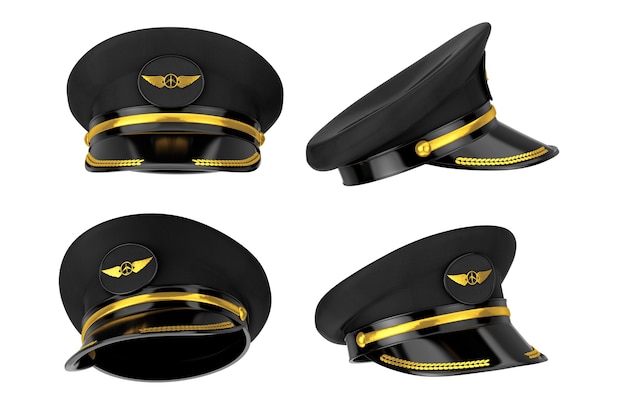 Civil Aviation and Air Transport Airline Pilots Hat or Cap with Gold Aviation Insignia on a white background. 3d Rendering