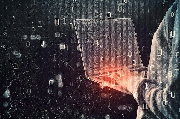 Close up and side view of hacker hands using laptop while standing on abstract dark hacking background with bokeh circles and binary coding Malware and phishing data theft concept