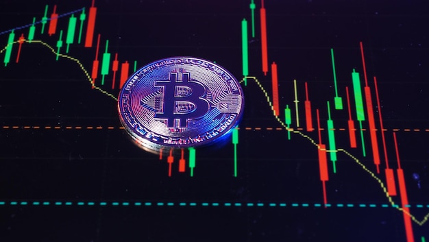 close up bitcoin and digital stock market graph bar on black cryptocurrency bitcoin stock growth investing in virtual assets investment platform with charts and bitcoin coin digital money