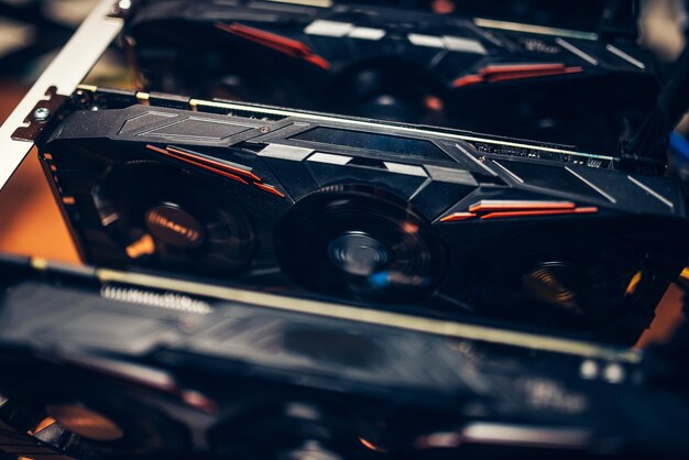 close up details of graphics cards on cryptocurrencies mining rig modern technology