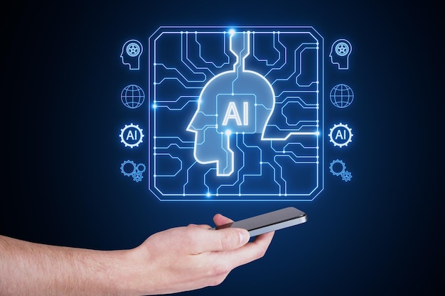 Close up of businessman hand holding cellphone with creative AI head outline hologram with circuit on blurry blue background
