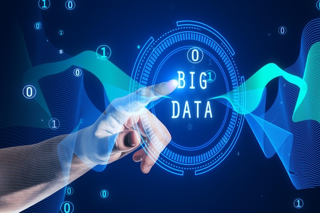 Close up of businessman hand pointing at abstract round big data hologram with binary code on dark background Stream information filtering machine algorithm concept