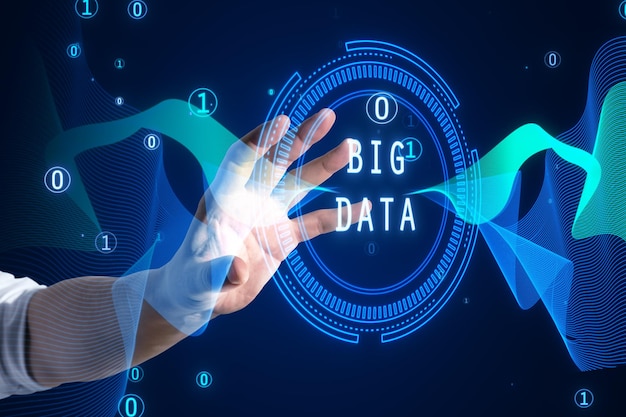 Close up of businessman hand using abstract round big data hologram with binary code on dark background Stream information filtering machine algorithm concept