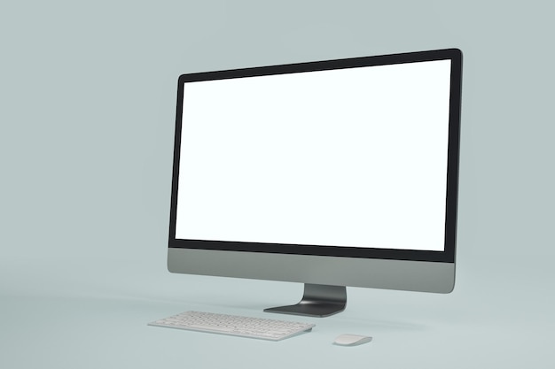 Close up of empty white computer screen on grey background Technology communication and programming concept Mock up 3D Rendering