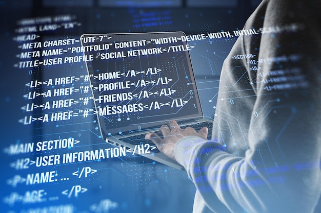 Close up of hacker using laptop with creative digital programming language on blurry background Software developer hacking malware and html concept Double exposure