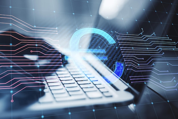 close up of hands using laptop with glowing euro hologram and lines on blurry background ecommerce online banking cryptocurrency and finance concept double exposure