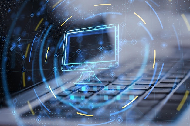 close up of laptop keyboard with computer hologram technology and device concept double exposure