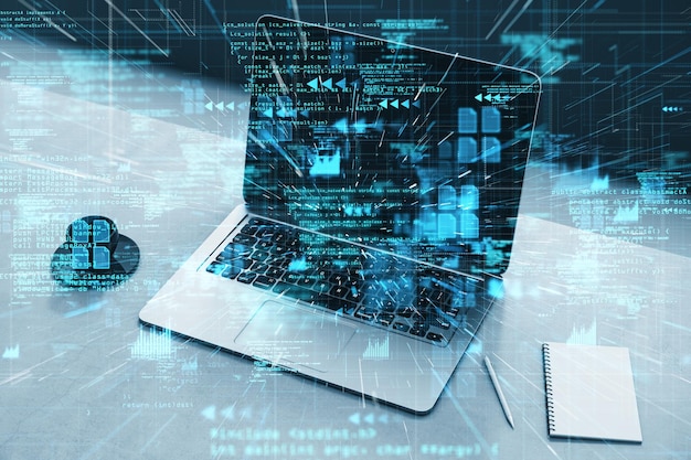 Close up of laptop on desktop with coffee cup notepad and glowing hacking tech hologram on blurry background Crypto security and criminal concept Double exposure