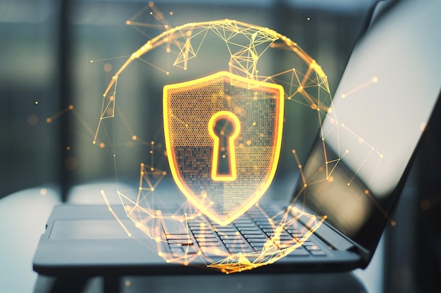 Close up of laptop with abstract glowing polygonal sphere with glowing digital padlock shield on blurry background Safety protect and technology concept Double exposure