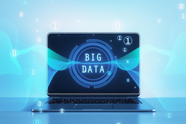 Close up of laptop with abstract round big data hologram with binary code on blurry light background Stream information filtering machine algorithm concept 3D Rendering
