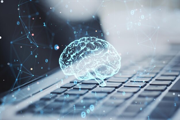 Close up of laptop with creative polygonal brain hologram on blurry background Neurology and anatomy concept Double exposure
