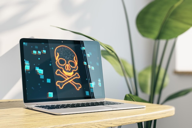 Close up of laptop with digital binary code skull on screen Concrete wall with shadows wooden desk and plant background Hacking piracy malware and data theft concept 3D Rendering