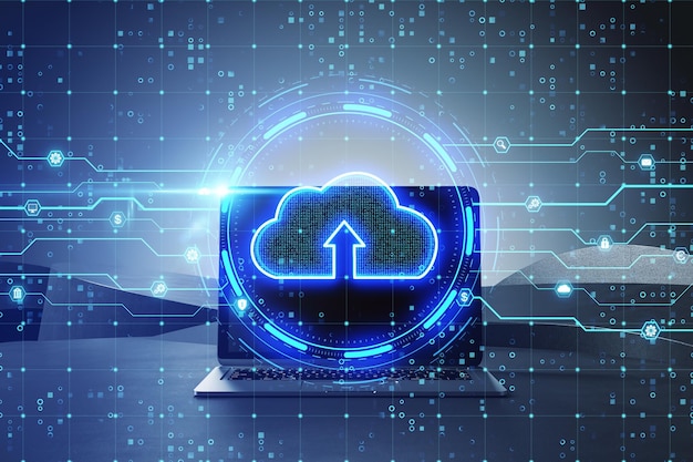 Close up of laptop with glowing cloud hologram on blurry background Server and data storage concept Double exposure
