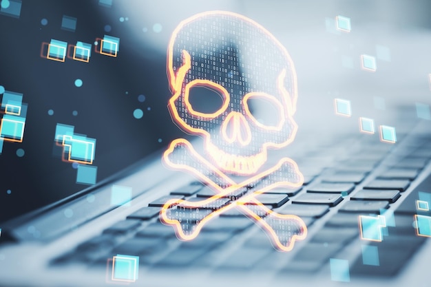 Close up of laptop with glowing digital binary code skull on blurry background Hacking piracy malware and data theft concept Double exposure