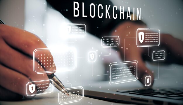Close up of male hands using keyboard with creative encrypted blockchain hologram on blurry background Block chain network and technology concept Double exposure