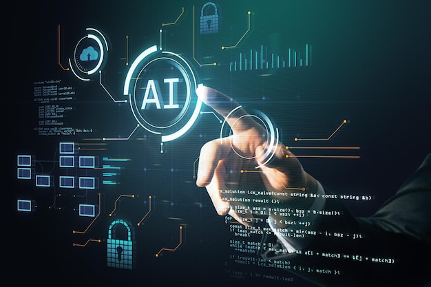 Close up of man hand pointing at glowing blurry ai hologram with binary coding on blurry background Artificial intelligence technology and programming concept