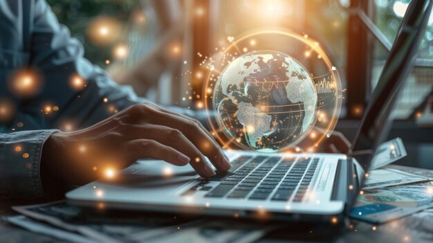 Close up of man hand using laptop computer with glowing money transfer globe on blurry background Cu