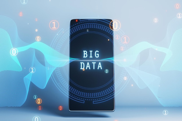 Close up of smartphone with abstract round big data hologram with binary code on blurry light background Stream information filtering machine algorithm concept 3D Rendering