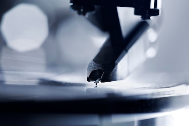 close-up of turntable needle on record