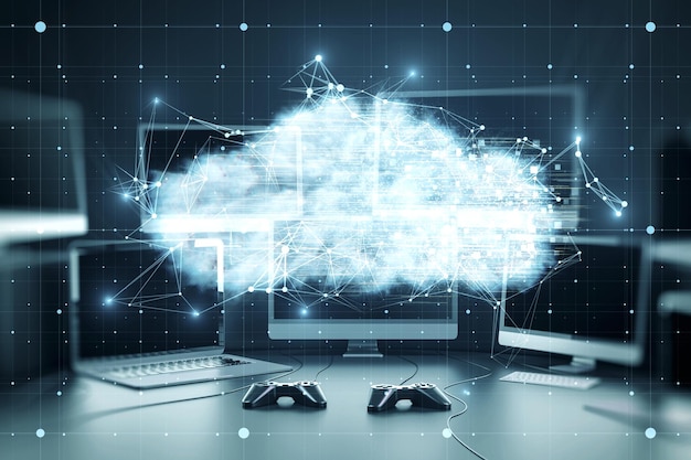 Close up of various computer monitors on desktop with digital glowing polygonal cloud mesh on blurry background Storage technology concepts transfer data to cloud computing platforms