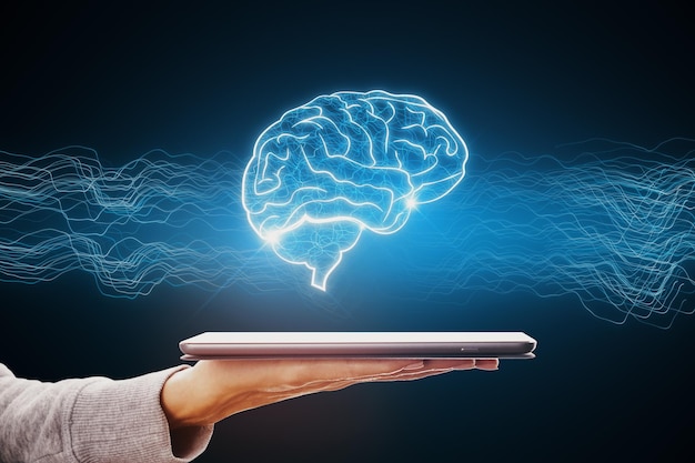 Close up of woman hand holding cellphone with creative digital brain hologram on blue background Hitech innovation and AI concept