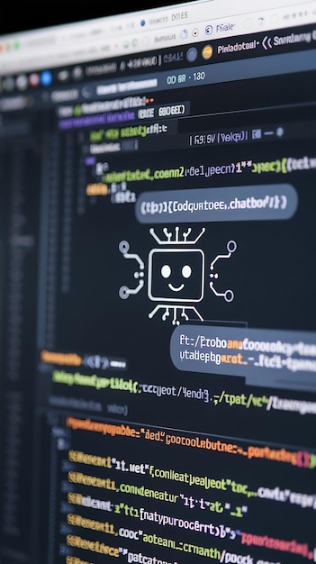 Close Up on Computer Screen with an Artificial Intelligence Chat Bot Creating a Unique Software Cod