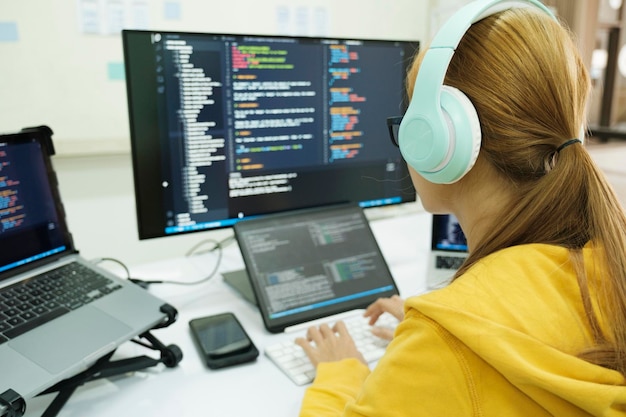Close up programmer is coding and programming software