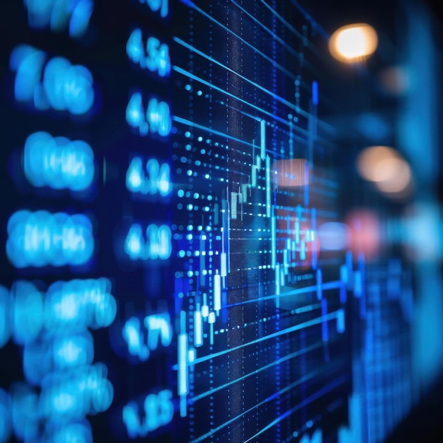 closeup of a financial chart with upward movement highlighted on a blue led display aar 64 job id 997a6c32f4514b2594d5d3048bdbf655