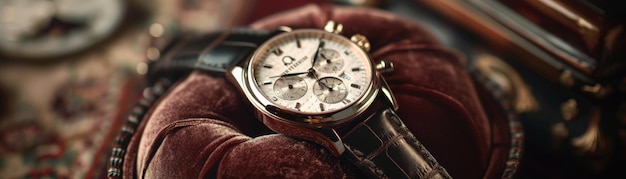 closeup of an elegant wristwatch with a leather band resting on a velvet pillow showcasing intricate details in a vintage setting
