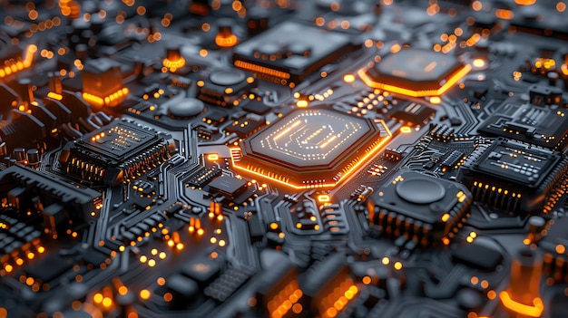 Closeup of an illuminated circuit board with glowing components showcasing advanced technology and intricate electronic design