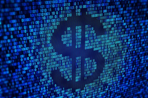 Closeup of binary code on a digital screen depicting data and computer programming concepts on a blue background 3D Rendering