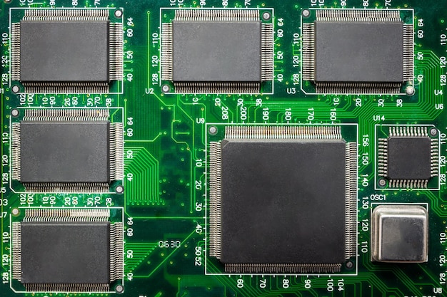 Closeup of Chips on boards of computer and smart devices Processing phone Select focus and Copy space background