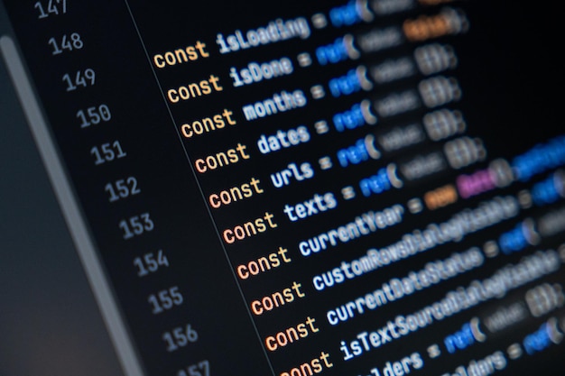 closeup of computer screen with colorful javascript code focus on const keyword software development and programming