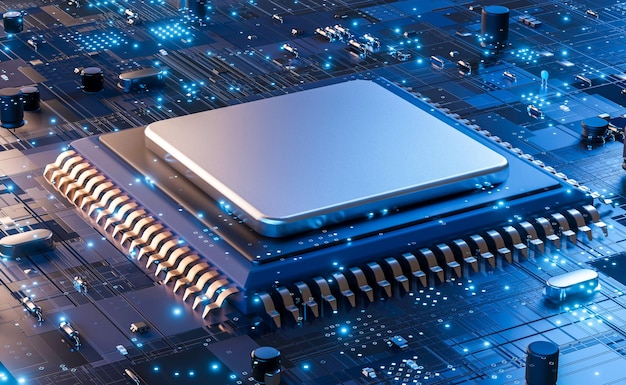 Closeup of electronic circuit board with CPU microchip electronic components futuristic big data connection technology concept