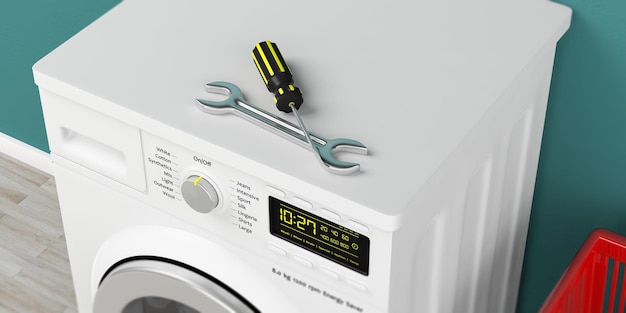Clothes washer machine and service tools on green wall background 3d illustration