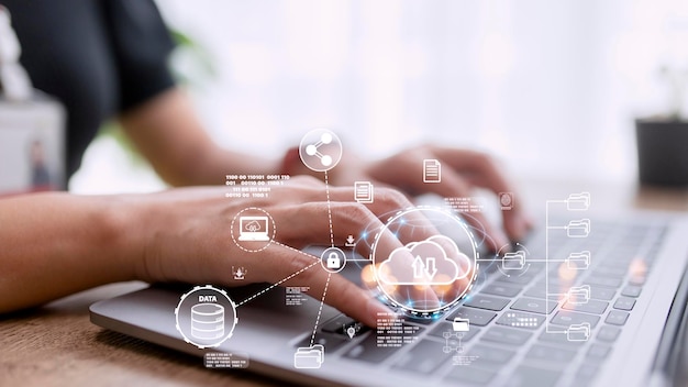 Cloud Computer technology and storage online for computer business network ideas connected to Internet server services for cloud transfer shown in the future Network of Data