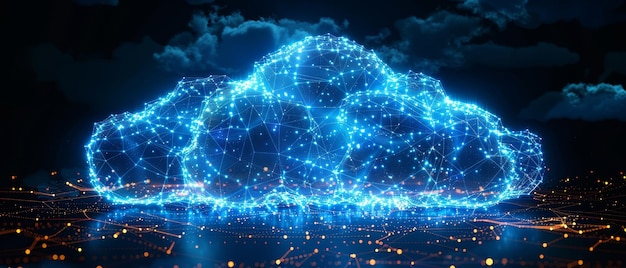 Cloud computing and its impact on remote work illustrated by a virtual office setup connected through a secure cloud network