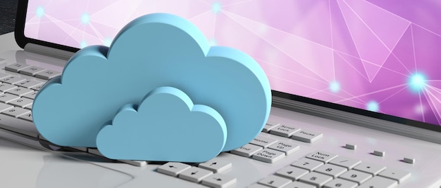 Cloud computing Blue clouds on a computer laptop banner 3d illustration