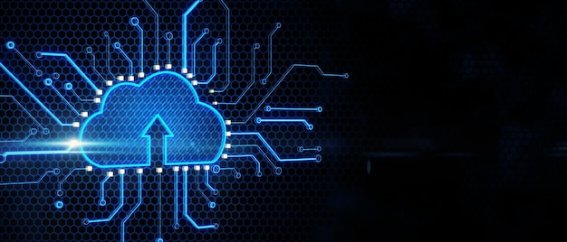 Cloud computing concept with bright digital cloud icon with arrow surrounded by microcircuit lines on empty dark background with copyspace for your logo 3D rendering mock up