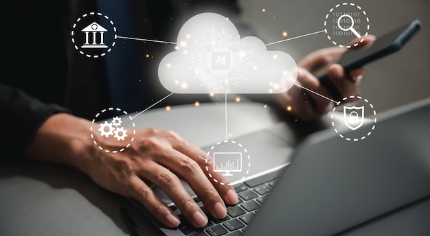 Cloud computing network connection a man using a laptop with a conceptual cloud icon on the screen a solution for data storage and backup with mobility and accessibility