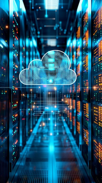 Cloud computing network illustrated with high speed data transfers emphasizing robust infrastructure and scalability