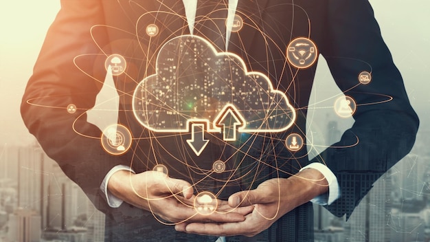 Cloud computing technology and online data storage for shrewd business network concept